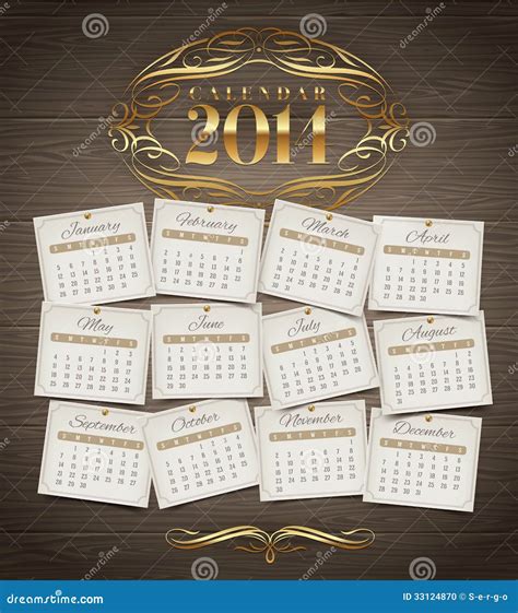 Design Template Calendar Of 2014 With Golden Ornate Elements Stock
