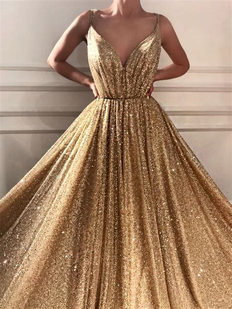 Sparkly Prom Dresses Spaghetti Straps A Line Gold Bling Long Sexy Prom Anna Promdress