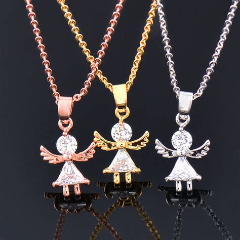 sinleery romantic cubic zircon angel wings girl pendant necklace rose gold color fashion chain