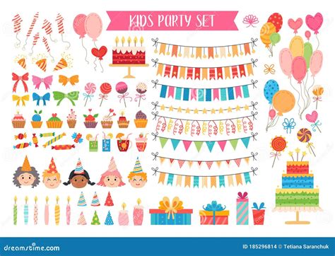 Kids Party Elements Set Flat Birthday Collection Stock Vector