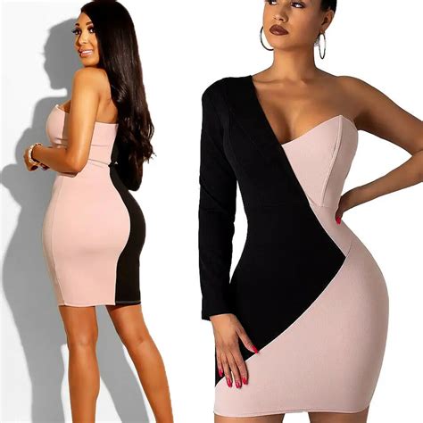 2019 Newest Hot Womens Bandage Bodycon Long Sleeve Patchwork One Shoulder Evening Party Club