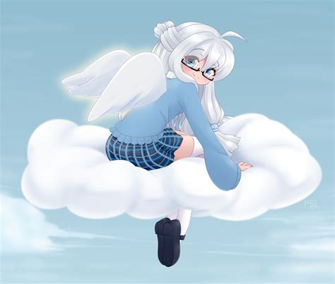 Обои аниме девушка ангел крылья облако на рабочий стол
