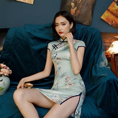 Chinese Summer Mini Cheongsam Women Silk Dress Prom Qipao Size S To Xl