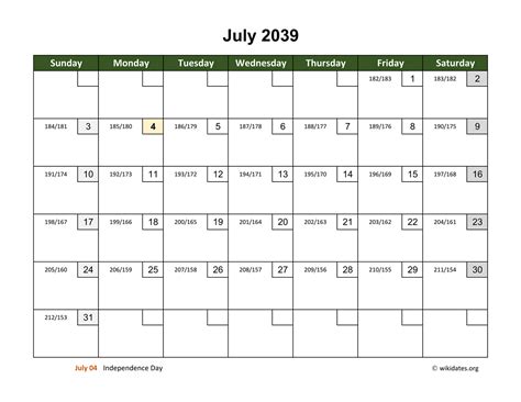July 2039 Calendar With Day Numbers