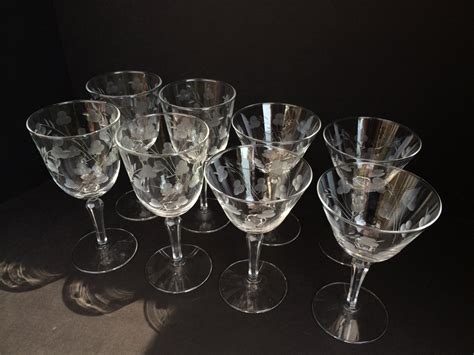 Vintage Crystal Wine Glasses Etched With Clover Pattern Set