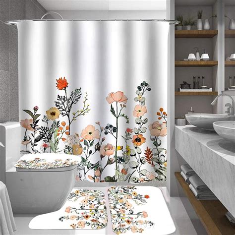 4 Pcs Shower Curtain Sets Floral Modern Luxury With Non Slip Rug Toilet Lid Cover And Bath Mat
