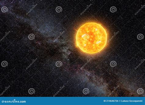 Bright Sun Against Dark Starry Sky And Milky Way In Solar System Stock