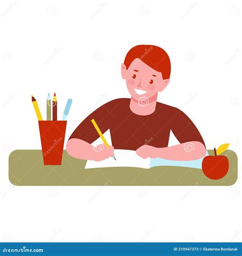 Niño Haciendo Tarea Escribe En Un Cuaderno Ilustración Vectorial En