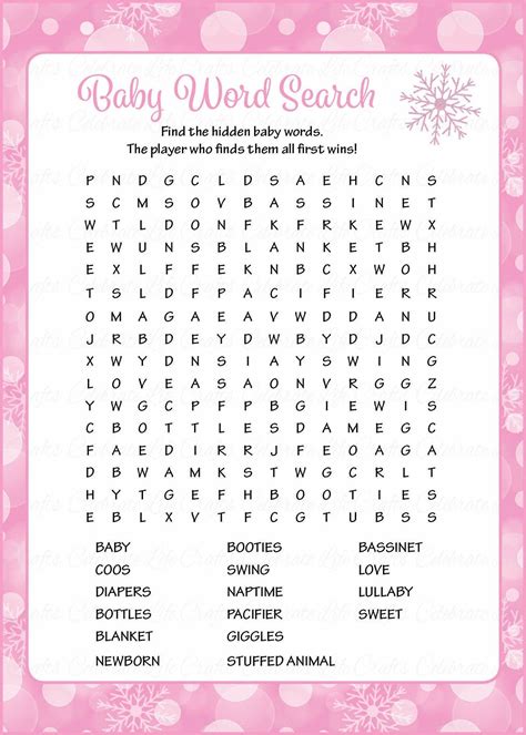 Use this quiz to see if the guests can name which kids belonged to which tv families. Baby Word Search - Printable Download - Pink Bokeh Winter ...