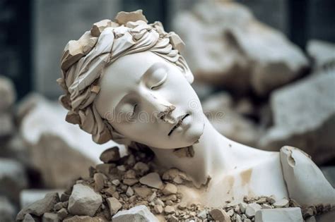 Broken Ancient Greek Statue Woman Head Falling In Pieces Broken Marble