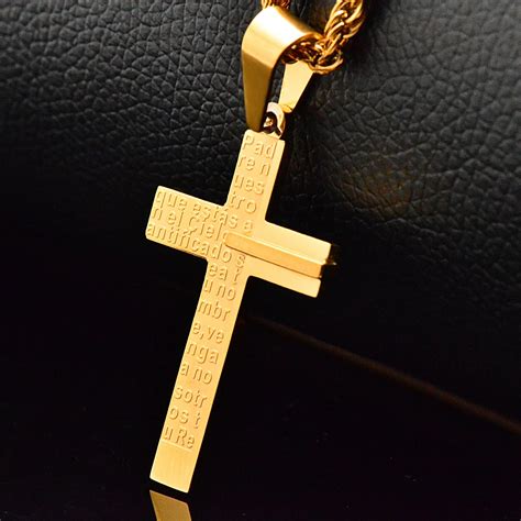 Gold Plated Cross Men Necklace Stainless Steel Jewelry Wholesale Holy
