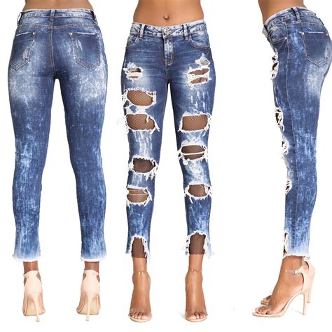 womens ripped knee skinny jeans faded slim fit ladies denim size 6 8 10 12 14 16 ebay
