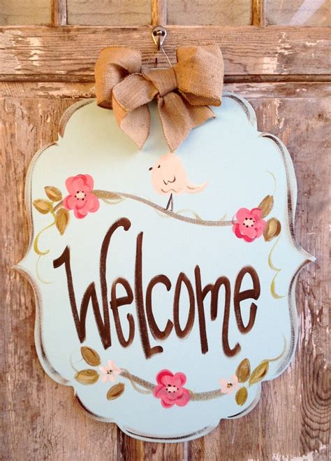 Welcome Sign Door Art Door Decor Hand Painted Wreath