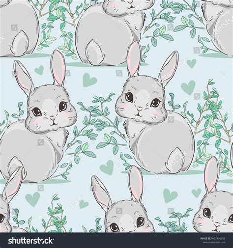 Стоковая векторная графика Hand Drawn Cute Rabbit Twigs Greens без