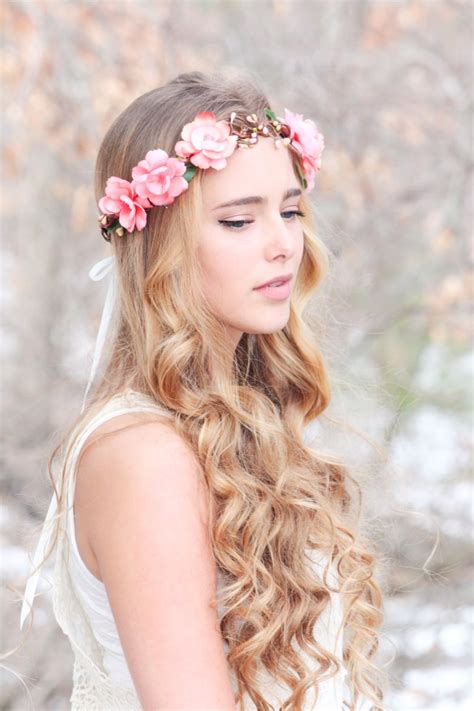 Peachy Floral Hair Crown Woodland Flower Crown Bridal Head Etsy