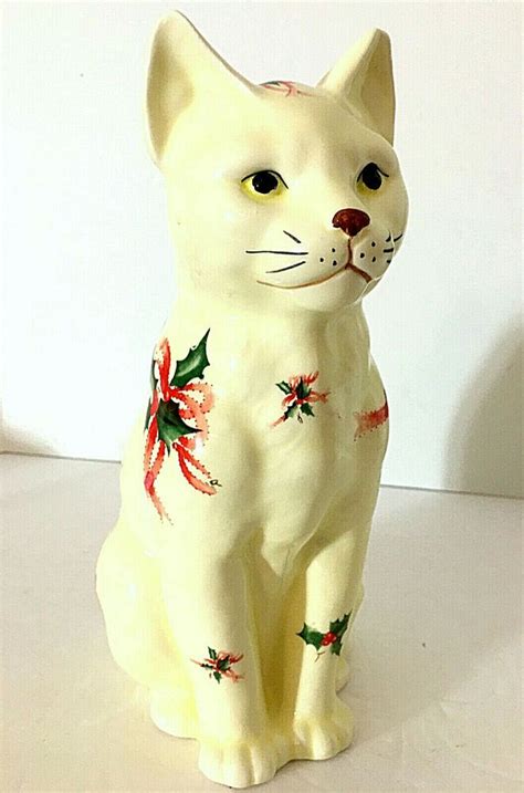 Christmas Cat Figurine Ceramic 10h 425w Holly Enesco 1989 Vintage