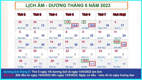 Lịch âm Dương Vạn Niên Tháng 6 Năm 2023 Và Những Ngày Lễ Tháng 62023 Youtube