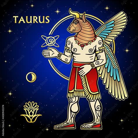 Cartoon Color Illustration Zodiac Sign Taurus Character Of Sumerian