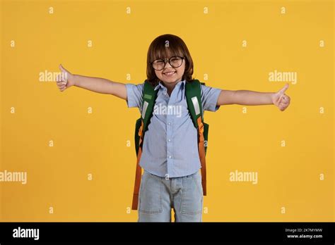 Adorable Little Boy Preschooler In Eyeglasses With Backpack Gesturing