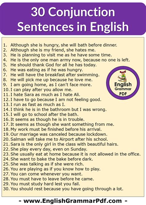 30 Conjunction Sentences In English English Grammar Pdf