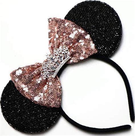 CLGIFT Rosegold Minnie Mouse Ears Headband Shiny Black Glittery Rose
