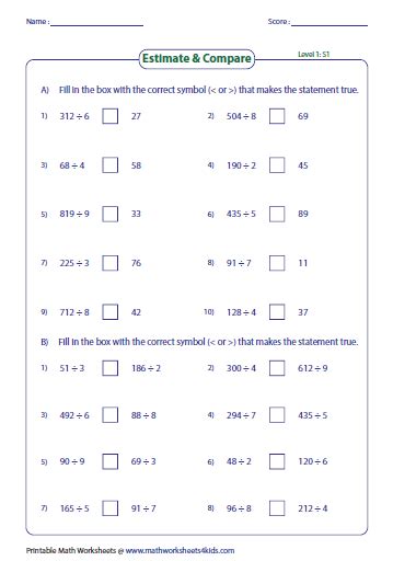 Estimate Quotients Using Multiples Worksheet