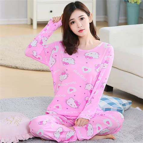 womens pajamas sets long sleeve suit summer thin cartoon print cute sleepwear girl pijamas mujer