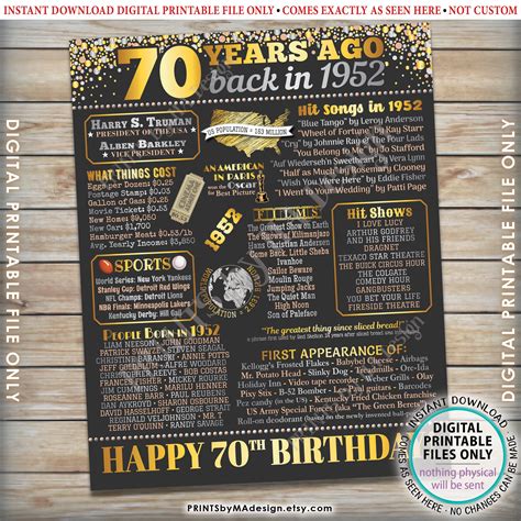 70th Birthday Poster Board Born In The Year 1952 Flashback 70 Years