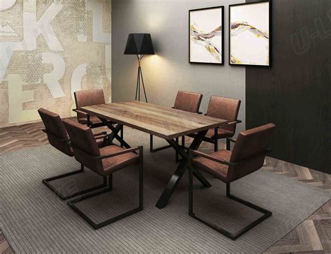 Industrial Style Dining Set In Warm Brown Tone Table Top And Matching