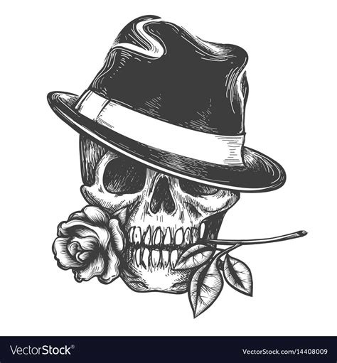 Skull In Hat With Rose Flower Royalty Free Vector Image