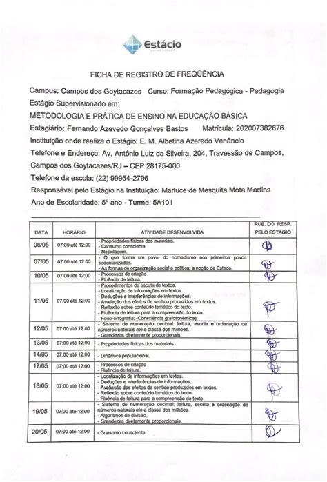 Ficha De Registro De Frequ Ncia Est Gio Ii Em Pedagogia