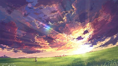 Anime Clouds Sky Sunset Sun Rays Field Wallpapers Hd