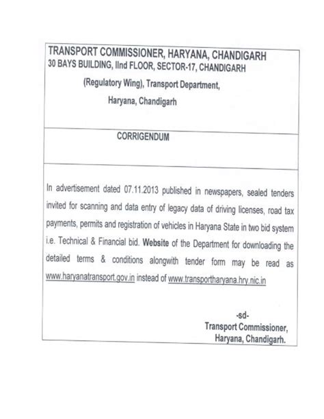 1 Publication Of Tender Notice Transport Department Haryana
