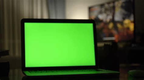Laptop With Green Screen Dark Home Office Dolly Shot Of Perfect To