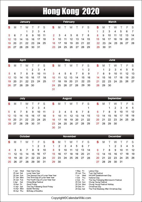 Printable Hongkong Calendar 2020 With Holidays Public Holidays