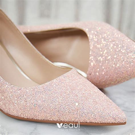Sparkly Candy Pink Glitter Wedding Shoes 2020 Sequins 7 Cm Thick Heels