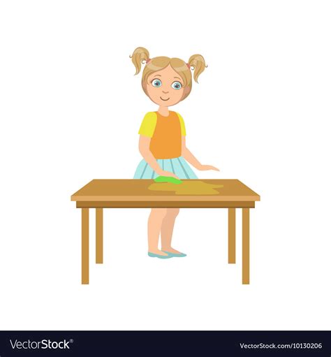 Girl Cleaning The Wooden Table Royalty Free Vector Image