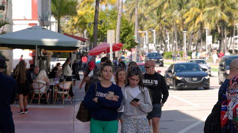 Crowded Ocean Drive At South Beach On A Sunny Day Miami Florida