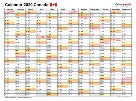 Canada Calendar 2020 Free Printable Word Templates