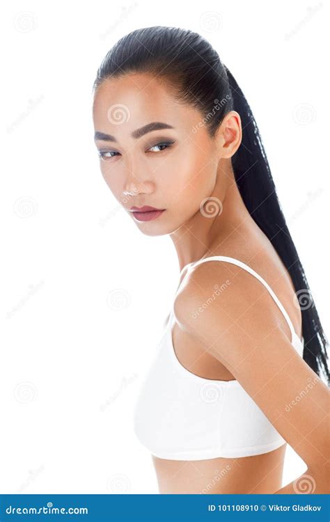 Half Body Isolated Portrait Of Asian Woman In White Top Stock Photo Image Of Care Lady