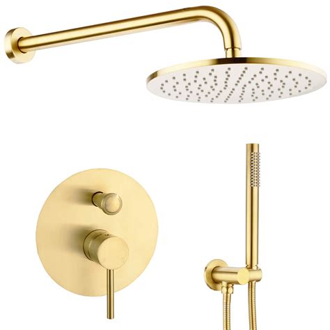 Wall Mount Rain Shower System With Handheld Shower Combo Set Mixer Brushed Gold Shower Heads