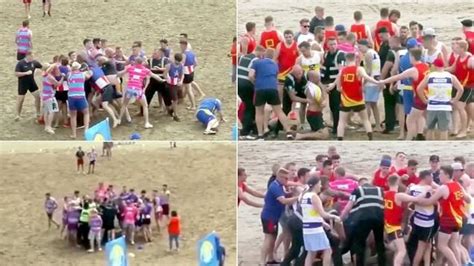 Announcer Attempts To Contain Massive Brawls During Beach Rugby Matches Daily Telegraph