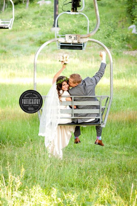 Mountain Wedding Ski Lift Creative Pose Wedding Portraits California