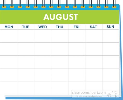 Calendar Clipart Month Spiral August Calendar Clipart Classroom Clipart