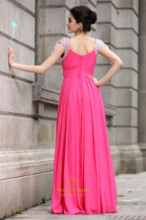 Hot Pink Prom Dresses With Cap Sleeveshot Pink Dresses