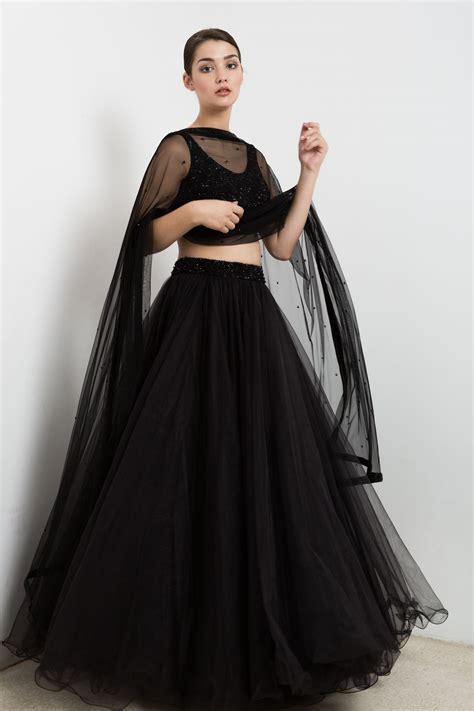 Black Lehenga In Tulle With An Embroidered Crop Top Indian Fashion Dresses Dress Indian Style