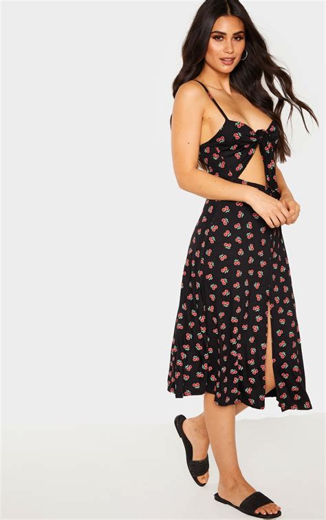 Black Cherry Print Tie Front Strappy Swing Dress Prettylittlething