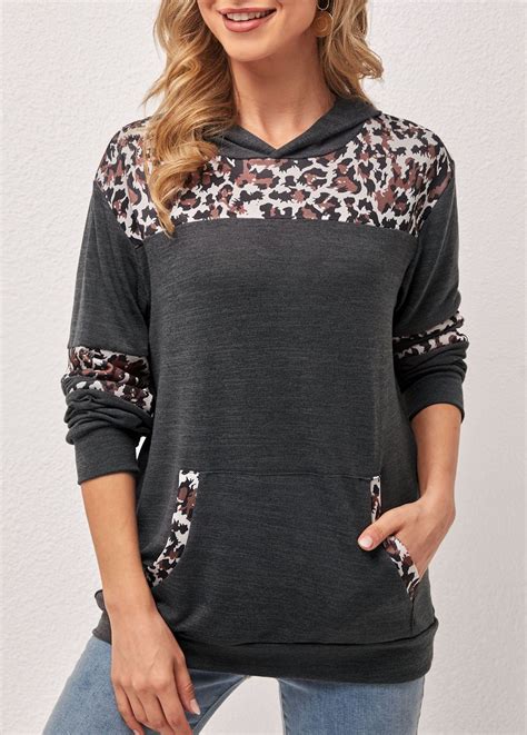 Kangaroo Pocket Leopard Dark Grey Hoodie Trendy Fashion Tops Stylish