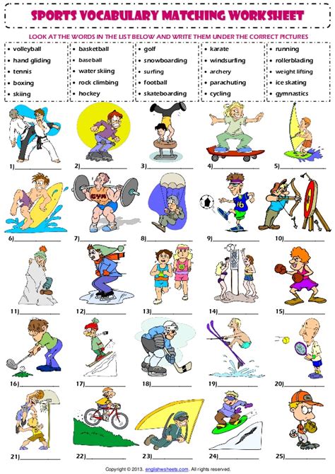 Helpful to memorise the combination of tenses. Sports vocabulary matching exercise worksheet (1)