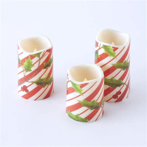 Led Candy Cane Motif Christmas Candles With Faux Floral Holly Leaves